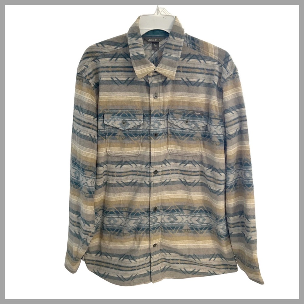 Eddie Bauer Men's L Aztec‎ Print Fleece Long Sleeve Button Up Shirt